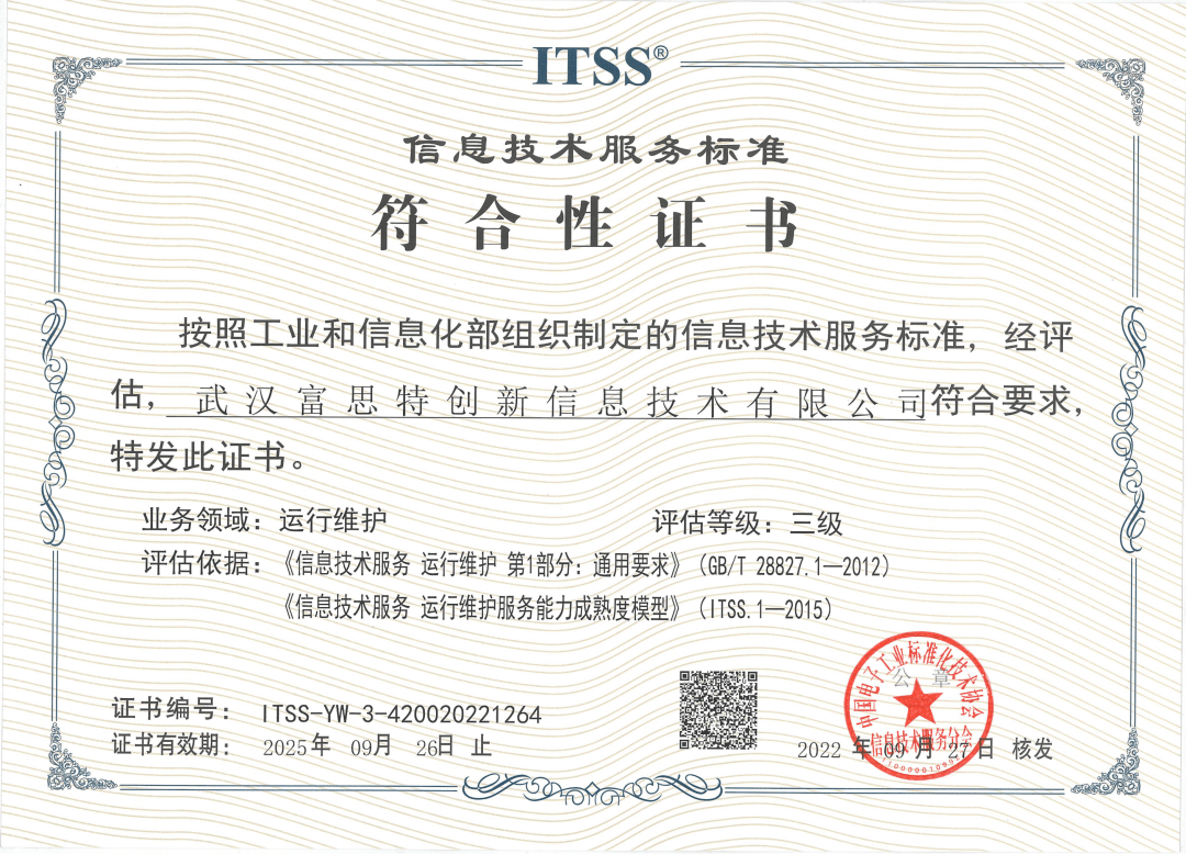 喜報(bào)丨富思特創(chuàng)新榮獲ITSS運(yùn)維服務(wù)能力成熟度符合性證書(shū)，持續(xù)引領(lǐng)武漢信息技術(shù)咨詢(xún)服務(wù)新高度